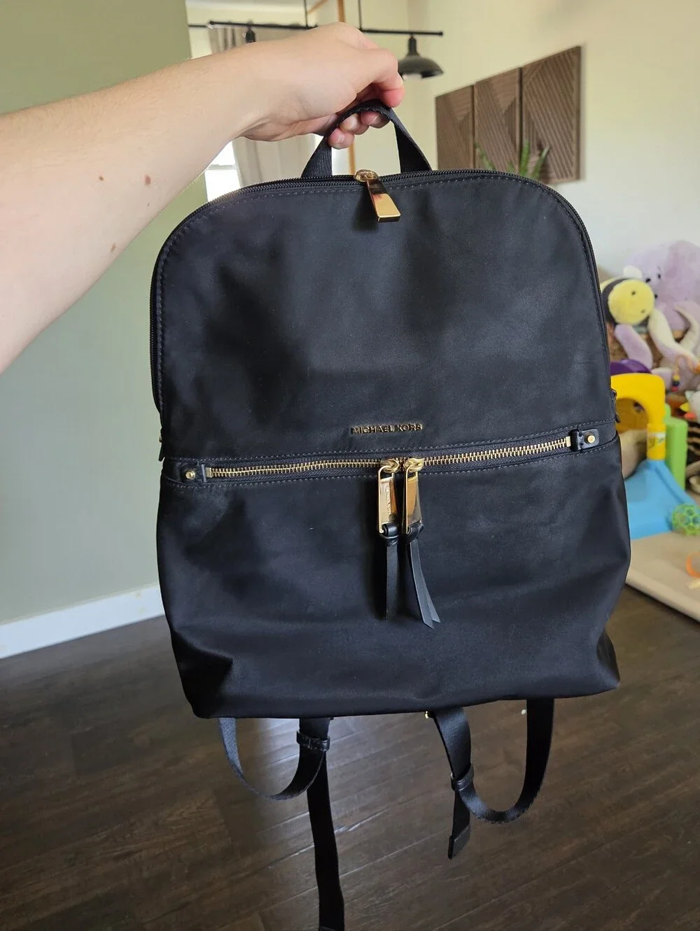 Michael Kors Polly Medium Nylon Backpack Black Gold Lightweight